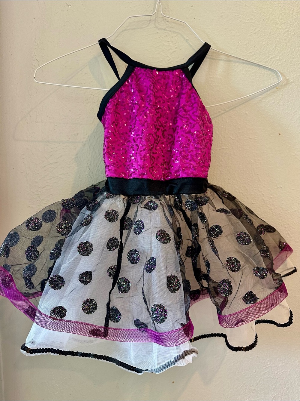 Weissman Hot Pink Sequin and Black Polka Dot Tutu Dress